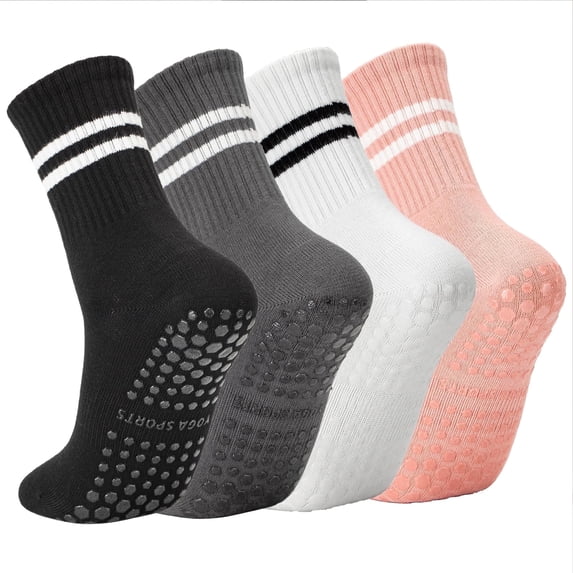 YOMYM 4 Pairs Non Slip Pilates Socks with Grippers for Women, Crew Yoga Barre Socks, Hospital Socks with Grips, Sticky Socks for Barefoot Workout, Sizes 6-9