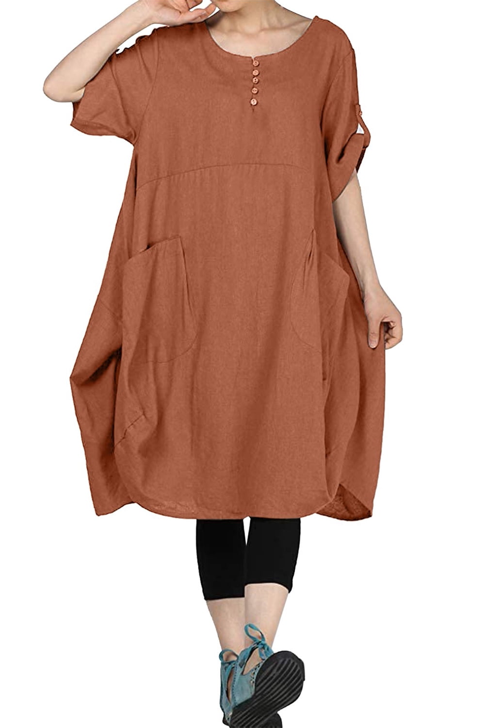YOMYM Women's Cotton Linen Dresses Plus Size Summer Rollup Sleeve