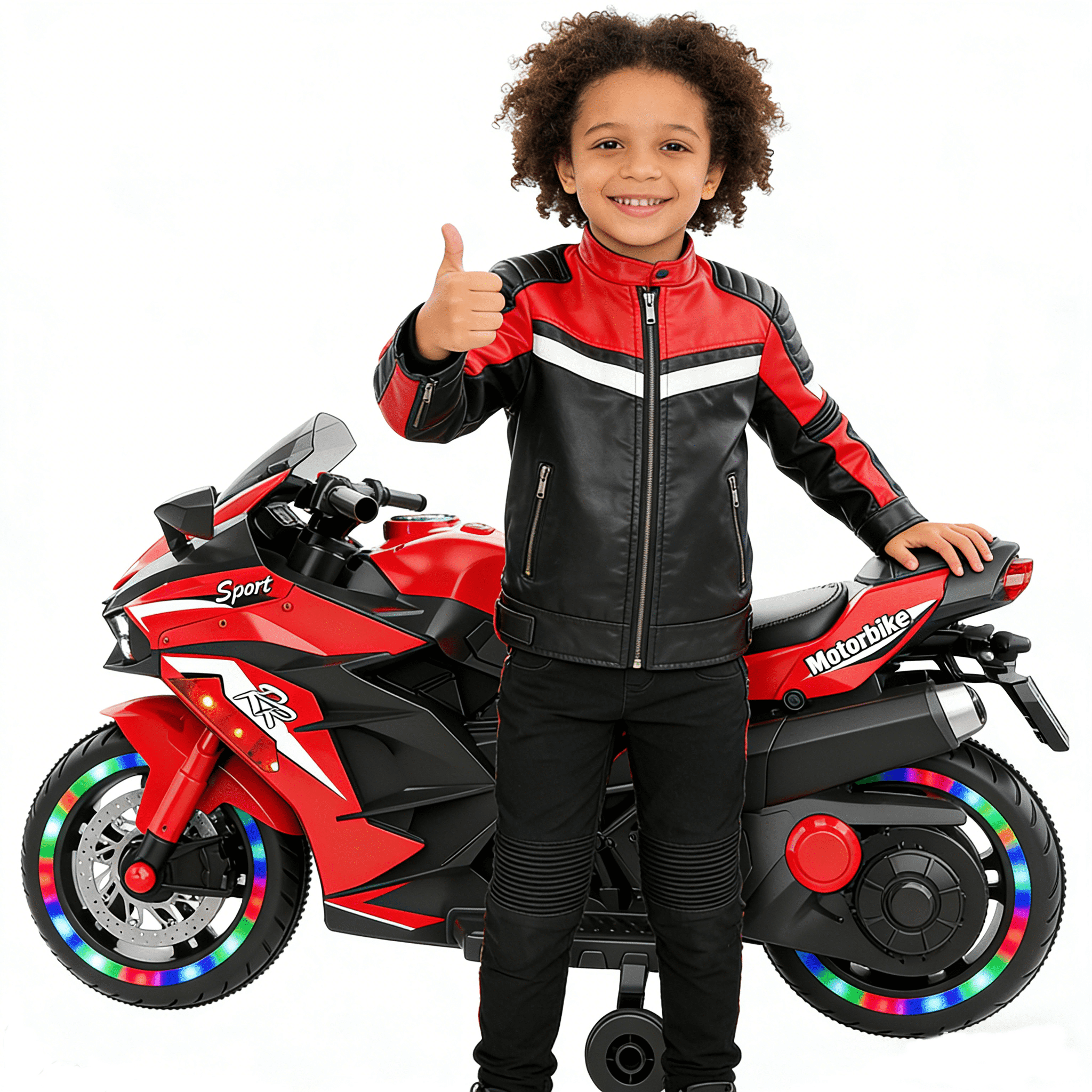 YOMYM 12V Kids Electric Motorcycle, Battery Powered Ride-On Toy with Training Wheels for Boys & Girls Ages 3-6, Bluetooth Music & LED Lights, RED