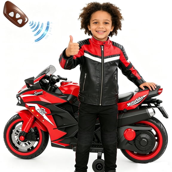 YOMYM 12V Kids Electric Motorcycle, Battery Powered Ride-On Toy with Training Wheels Boys & Girls Ages 3-6, Remote Control&Bluetooth Music & LED Lights, RED