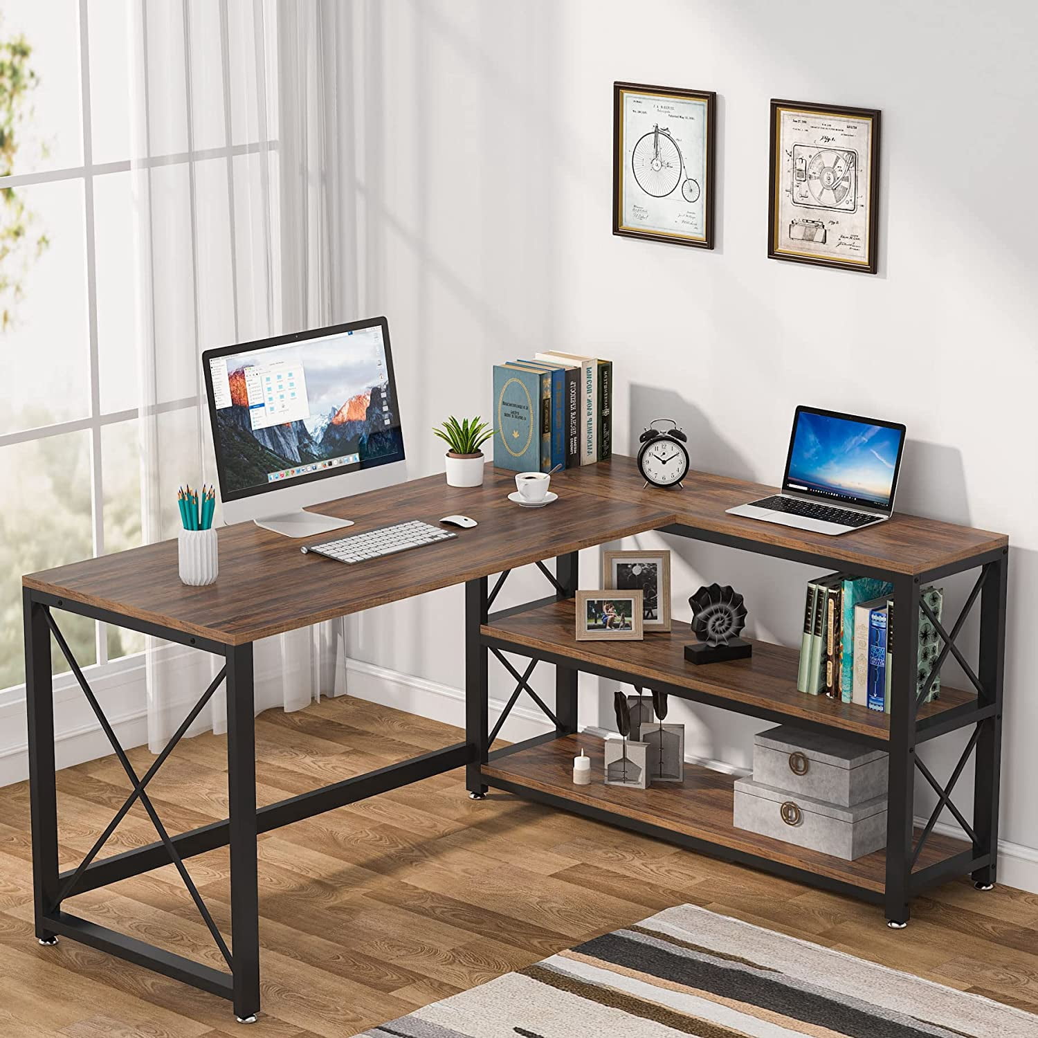 YONFHJKI Reversible Industrial L-Shaped Desk with Shelves Corner ...