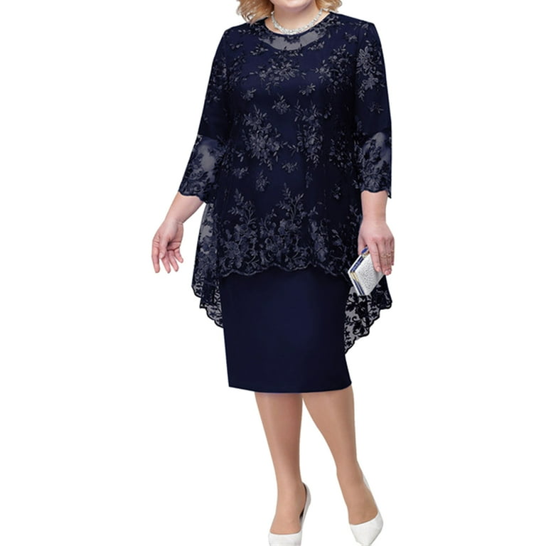 YONGHS 2PCS Women Tube Dress with Lace Cover Up Plus Size Mother of The Bride Dress for Wedding Party Navy Blue 4XL