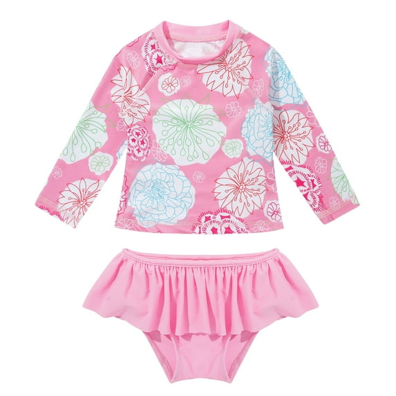 YONGHS 2PCs Toddler Girls Rash Guard Outfits Printed Swimsuits Long Sleeve Top+Briefs Set A Pink 18-24 Months