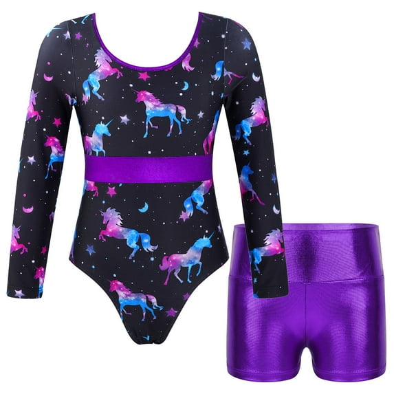 YONGHS 2pcs Kids Girls Dance Outfit Long Sleeve Leotard with Shorts Set for Gymnastic Workout Sports Purple 4