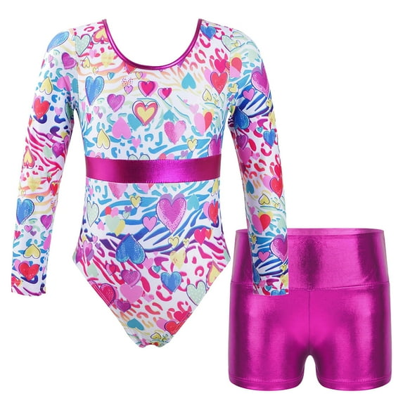 YONGHS 2pcs Kids Girls Dance Outfit Long Sleeve Leotard with Shorts Set for Gymnastic Workout Sports Rose 14