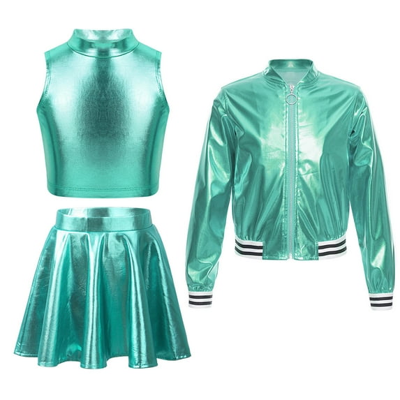 YONGHS 3 Piece Girls Hip Hop Metallic Dance Costume Glitter Metallic Jacket Crop Tank Top Skirts Set Lake Blue 12