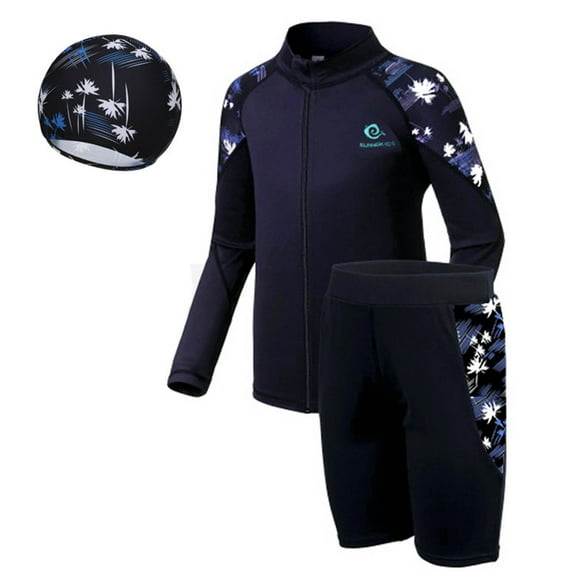 YONGHS 3Pcs Boys Long Sleeve Rashguard Shirt with Swim Shorts Hat Set Kids Surfing Bathing Suit Black 9-10