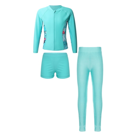 YONGHS 3Pcs Swimming Costume for Girls Rash Guard UPF 50+ Swimsuit Long Sleeve Surfing Bathing Suit Light Green-A 10