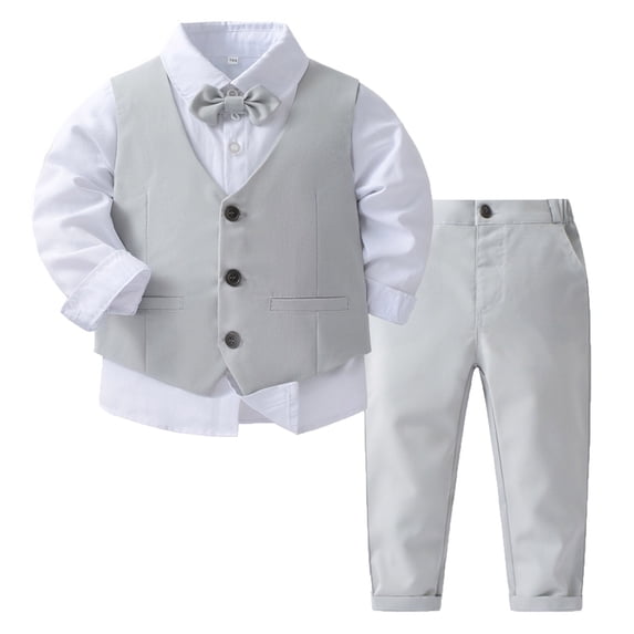 YONGHS Baby Boys 3Pcs Formal Suit Bow Tie Long Sleeve Dress Shirt Button Tuxedo Vest and Pants Gentlemen Outfits Grey 5-6