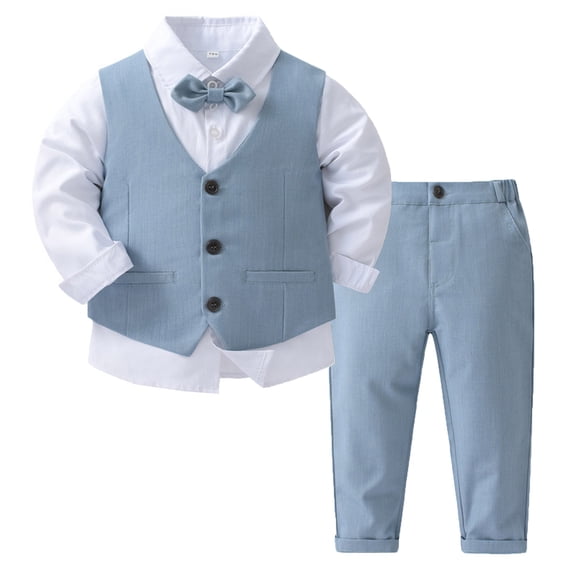 YONGHS Baby Boys 3Pcs Formal Suit Bow Tie Long Sleeve Dress Shirt Button Tuxedo Vest and Pants Gentlemen Outfits Light Blue 4-5