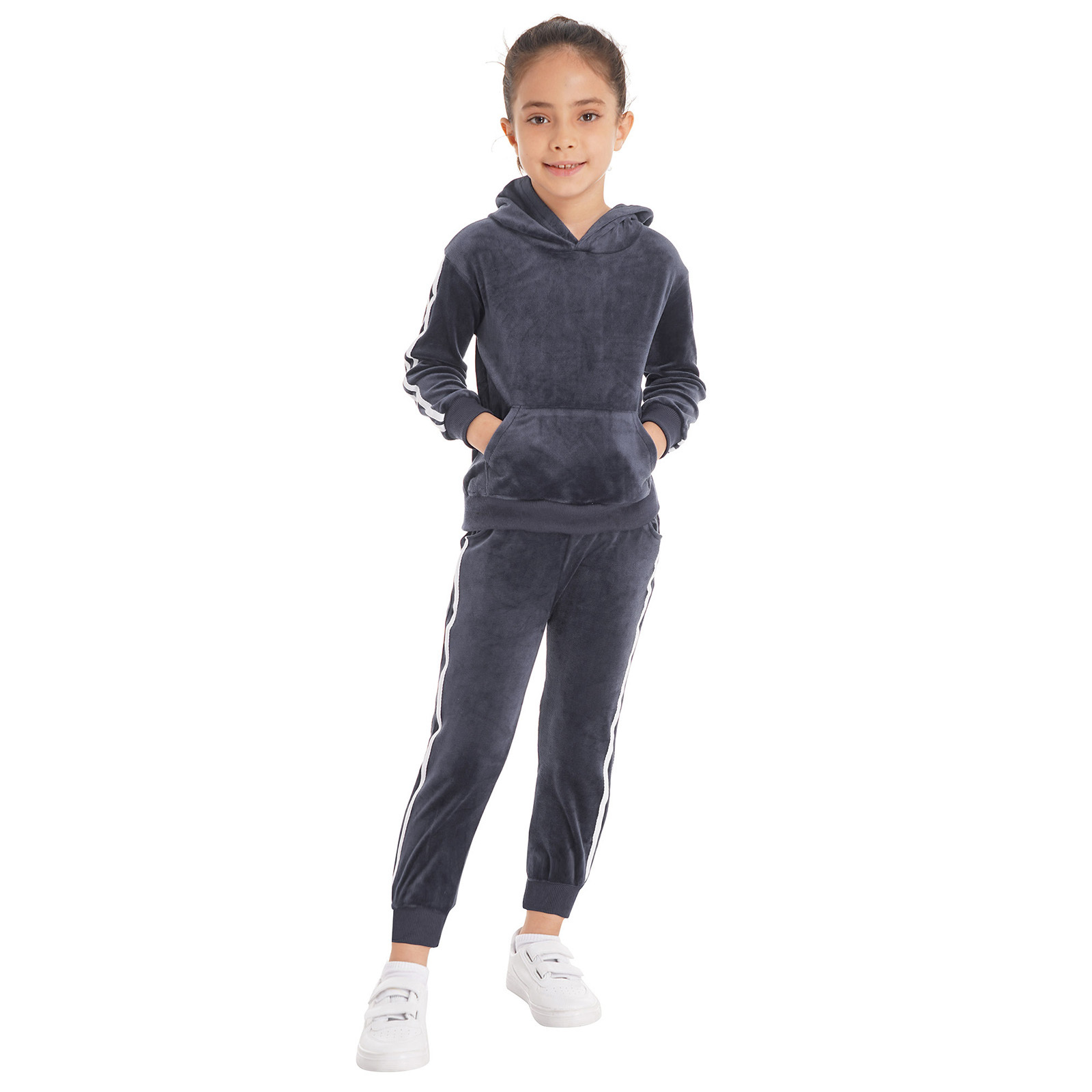 YONGHS Baby Girls Velour Tracksuit Hooded Stripes Side Sweatshirt Sweatpants Set