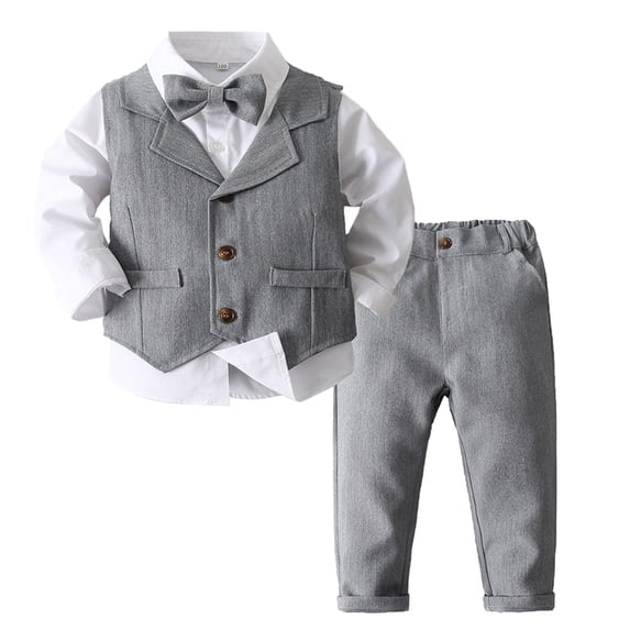 YONGHS Baby Toddler Boys Gentleman Suit Long Sleeve Bow Tie Dress Shirt + Tuxedo Vest + Pants Suits Grey 4-5