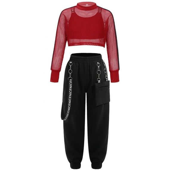 YONGHS Big Girls Hip Hop Street Dance Costume Vest & Crop Top & Cargo Trousers 3Pcs Set Red 12