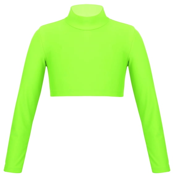 YONGHS Big Girls Mock Neck Long Sleeve Shirt Athletic Sports Gymnastics Crop Top Ballet Dance T-Shirt 6-14 Fluorescent Green 14