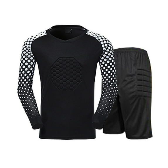 YONGHS Boy's Football Goalkeeper Jersey Soccer Goalie Uniform Padded Long Sleeve T-Shirt with Shorts Black 11-13