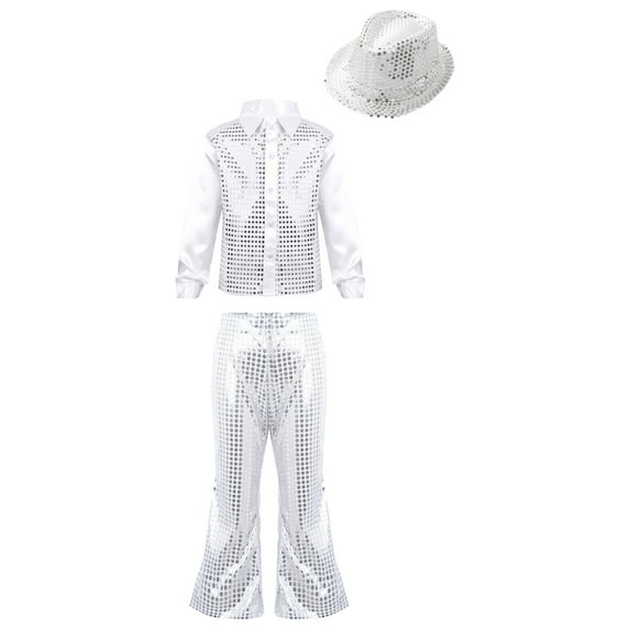 YONGHS Boys Girls Sequins Hip Hop Jazz Choir Disco Dance Outfits Shirt with Flared Pants Hat Set Silver 11-12