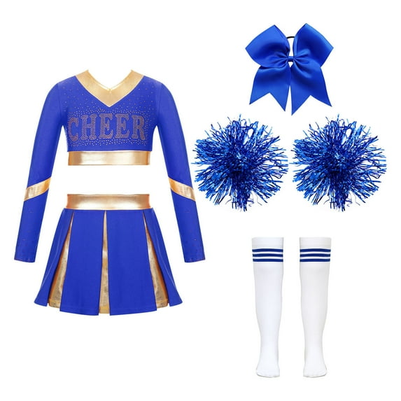 YONGHS Cheering Costume for Girls Crop Top with Pleated Skirt Cheerleading Halloween Party Outfits B Blue 14