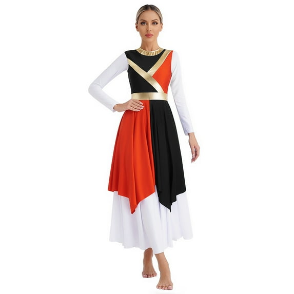 YONGHS Color Block Praise Dance Dress Sleeveless Asymmetrical Hem Liturgical Dancewear for Women Black&Orange S