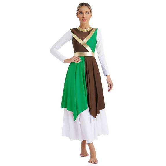 YONGHS Color Block Praise Dance Dress Sleeveless Asymmetrical Hem Liturgical Dancewear for Women Brown&Green XXL
