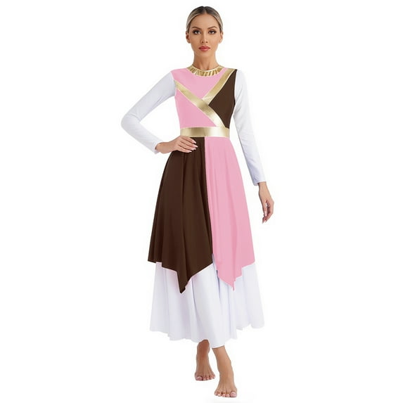 YONGHS Color Block Praise Dance Dress Sleeveless Asymmetrical Hem Liturgical Dancewear for Women Pink&Brown L