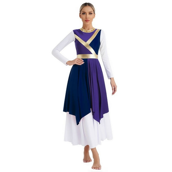 YONGHS Color Block Praise Dance Dress Sleeveless Asymmetrical Hem Liturgical Dancewear for Women Purple&Navy Blue L
