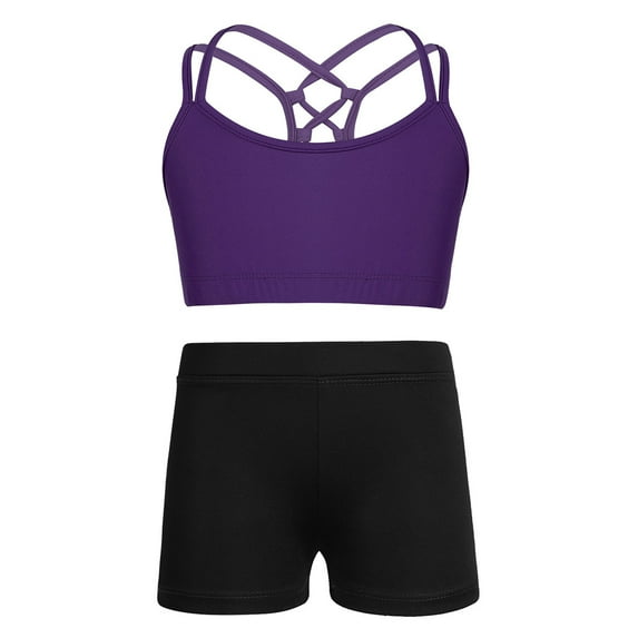 YONGHS Dance Outfits for Girls 2Pcs Criss Cross Back Crop Top and Athletic Shorts Activewear Set Tracksuit Purple 10