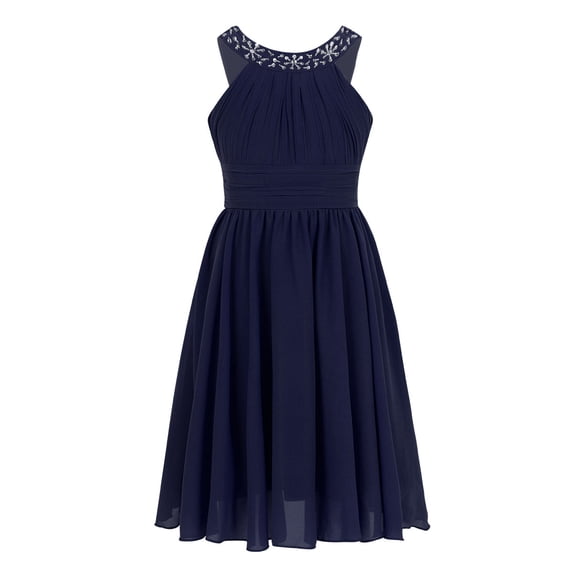 YONGHS Flower Girls Dress Sequined Halter Chiffon Party Prom Ball Gown Pageant Wedding Bridesmaid Dress Navy Blue 10