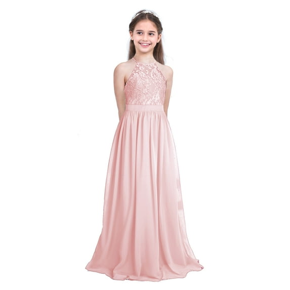 YONGHS Flower Girls Halter Lace Dress Wedding Bridesmaid Party Ball Gown 4-16 A Pearl Pink 14