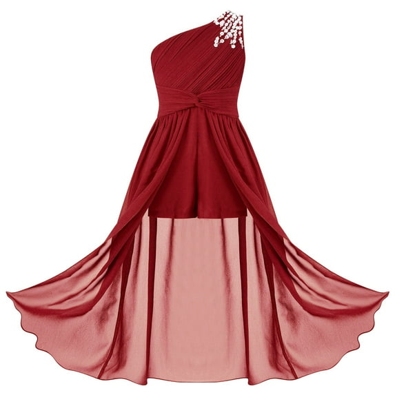 YONGHS Flower Girls One Shoulder Beaded Chiffon Bridesmaid Romper Dress Wedding Prom Party Gown Burgundy 6
