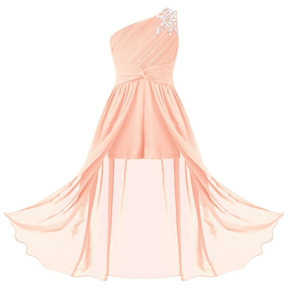 YONGHS Flower Girls One Shoulder Beaded Chiffon Bridesmaid Romper Dress Wedding Prom Party Gown Pink 12