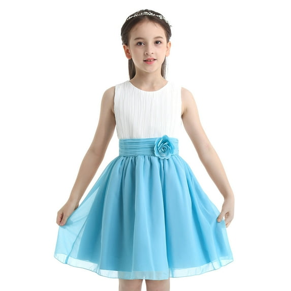YONGHS Flower Girls Pleated Chiffon 3D Petal Bridesmaid Dress for Wedding Pageant Party Ball Gown White&Sky Blue 12