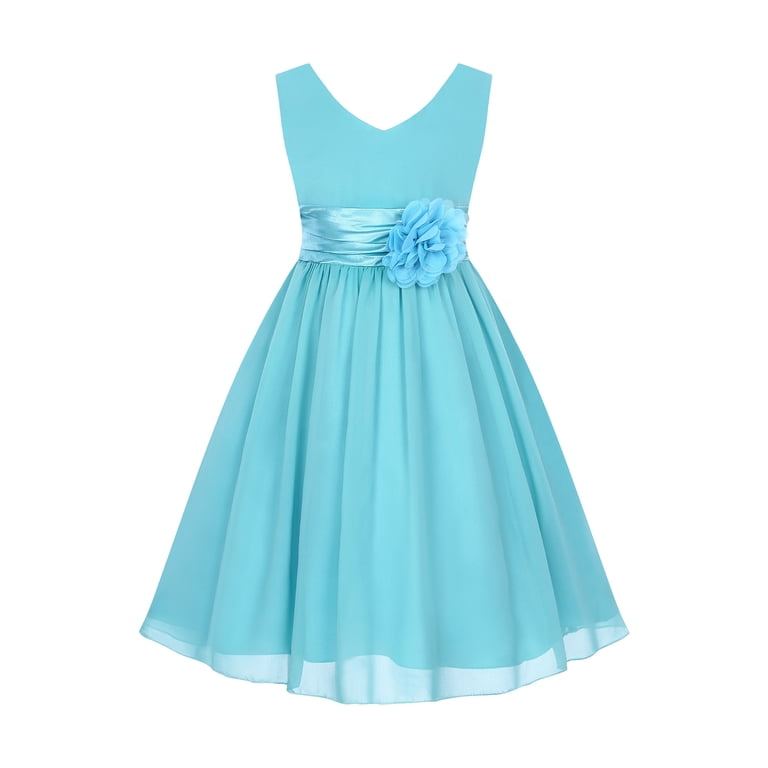 YONGHS Girl's Chiffon Prom Party Gown High Waist V Neck Formal Dance Flower Girl Dress Blue 2