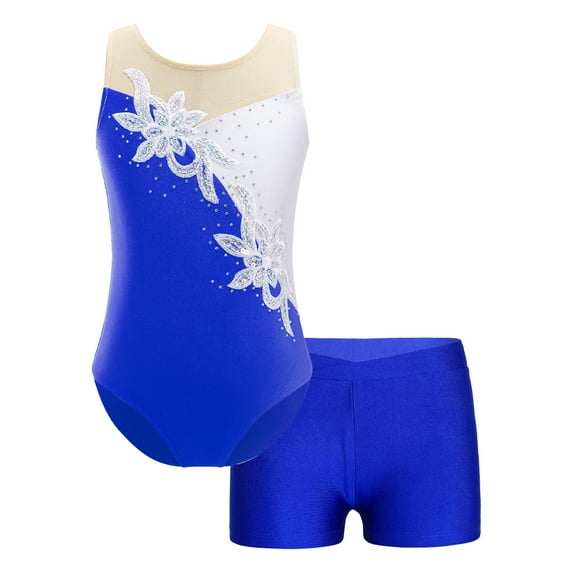YONGHS Girls 2 Piece Gymnastic Dance Outfits Shiny Sequin Sleeveless Leotard with Shorts Activewear Royal Blue 6