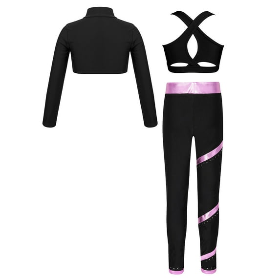 YONGHS Girls 3 Pcs Dance Outfit Mock Neck Crop Top Vest with Pants Gymnastic Ice Skating Tracksuit Black&Pink 12