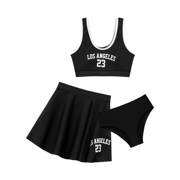 YONGHS Girls 3 Piece Bikini Bathing Suit Swimsuit Swimwear Cropped Tankini with Swim Skirts Black 8Y/130