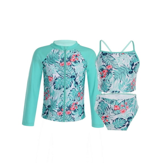 YONGHS Girls 3 Piece Rash Guard Tankini Set Floral Bikini with Long Sleeve Zip Shirt Swimwear Bathing Suit Green Palm Leaf 14