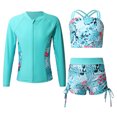 thumbnail image 1 of YONGHS Girls 3 Piece Rash Guard Tankini Set Floral Bikini with Long Sleeve Zip Shirt Swimwear Bathing Suit Lake Green-B 14, 1 of 7