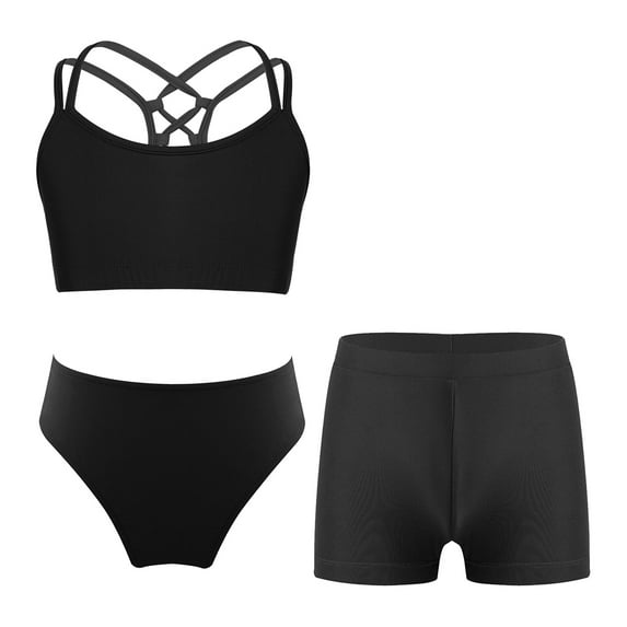 YONGHS Girls 3 Piece Swimsuits Bathing Suit Sports Crop Top Briefs Swim Trunks Outfits Swimwear Black-C 4