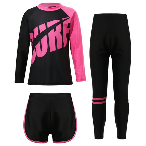 YONGHS Girls 3Pcs Long Sleeve Swimwear UPF 50+ Swimsuit for Diving Snorkeling Surfing Pink 13-14
