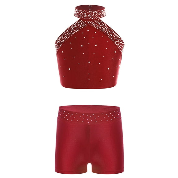 YONGHS Girls Activewear Set Athletic Tracksuit Jazz Hip Hop Street Dance Gymnastics Leotard Burgundy 12
