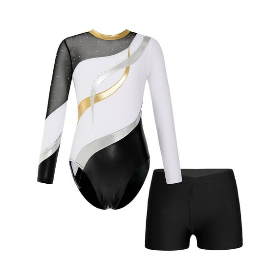 YONGHS Girls Ballet Dance Outfits Mesh Splice Gymnastic Biketard Leotard with Booty Shorts Set White 6