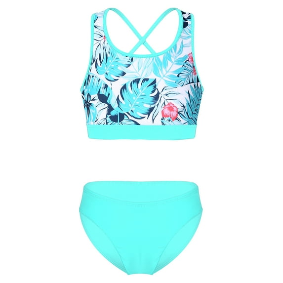 YONGHS Girls' Beach Sport 2-Piece Bikini Set Swimsuit Crop Top with Swim Briefs Bathing Suit Green Palm Leaf 14