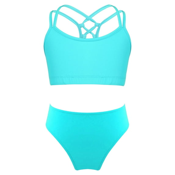 YONGHS Girls' Beach Sport 2-Piece Bikini Set Swimsuit Crop Top with Swim Briefs Bathing Suit Lake Green 14