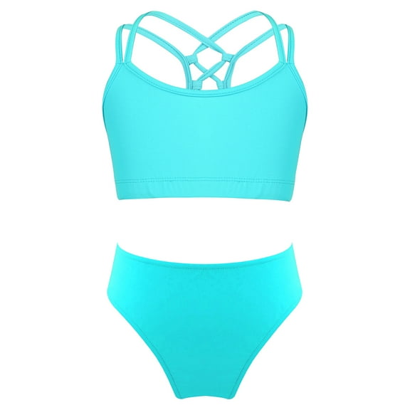 YONGHS Girls' Beach Sport 2-Piece Bikini Set Swimsuit Crop Top with Swim Briefs Bathing Suit Lake Green 6
