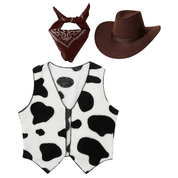 YONGHS Girls Boys Western Cowboy Cowgirl Costume Kids Cow Print Vest with Hat Bandanna Outfit Coffee 8