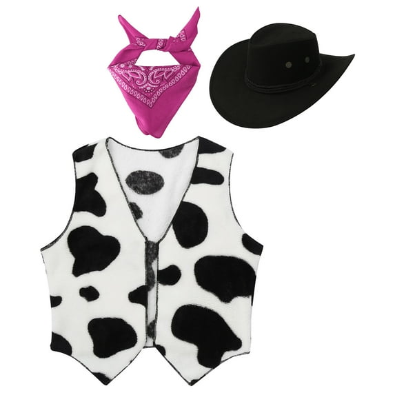 YONGHS Girls Boys Western Cowboy Cowgirl Costume Kids Cow Print Vest with Hat Bandanna Outfit Hot Pink 12