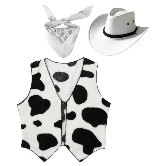 YONGHS Girls Boys Western Cowboy Cowgirl Costume Kids Cow Print Vest with Hat Bandanna Outfit White 8