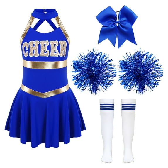 YONGHS Girls Cheer Leader Costume Cheerleading Performance Danc Dress with Pom Poms Socks Outfits Set A Blue 10