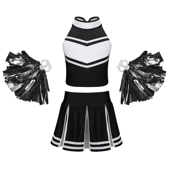 YONGHS Girls Cheer Leader Uniform Halloween Party Cheerleading Crop Top with Skirt Pompoms Black 12
