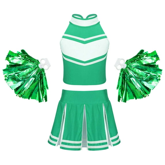 YONGHS Girls Cheer Leader Uniform Halloween Party Cheerleading Crop Top with Skirt Pompoms Green 8